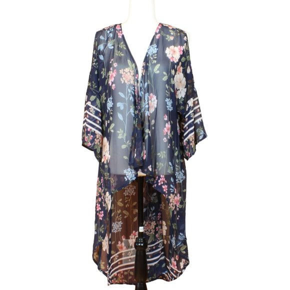Maurices Floral Cold Shoulder Duster S/M Black Pink Open Front Cover Up CA236 - Picture 1 of 9